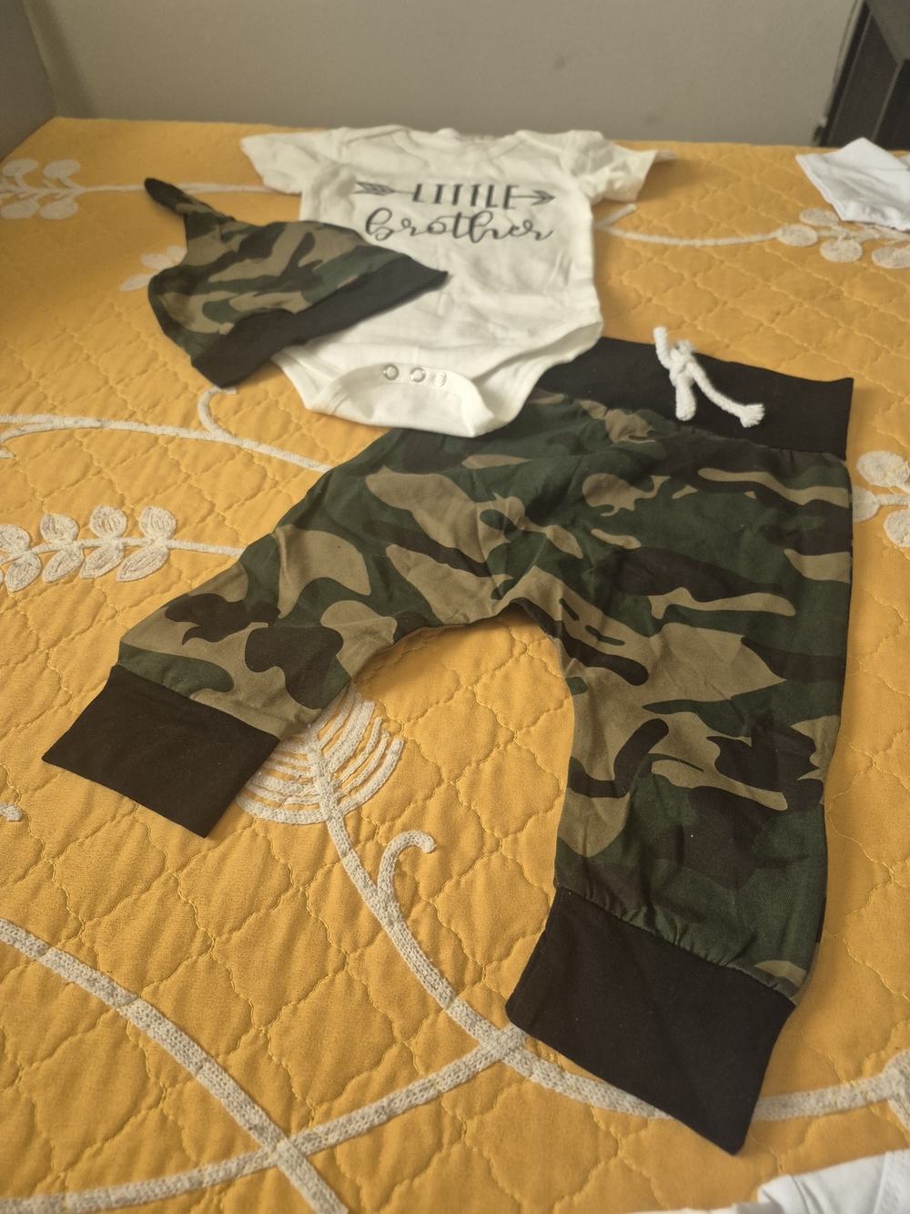 Kids Camouflage Matching Set - Green Camo Pants & Hat with White Bodysuit